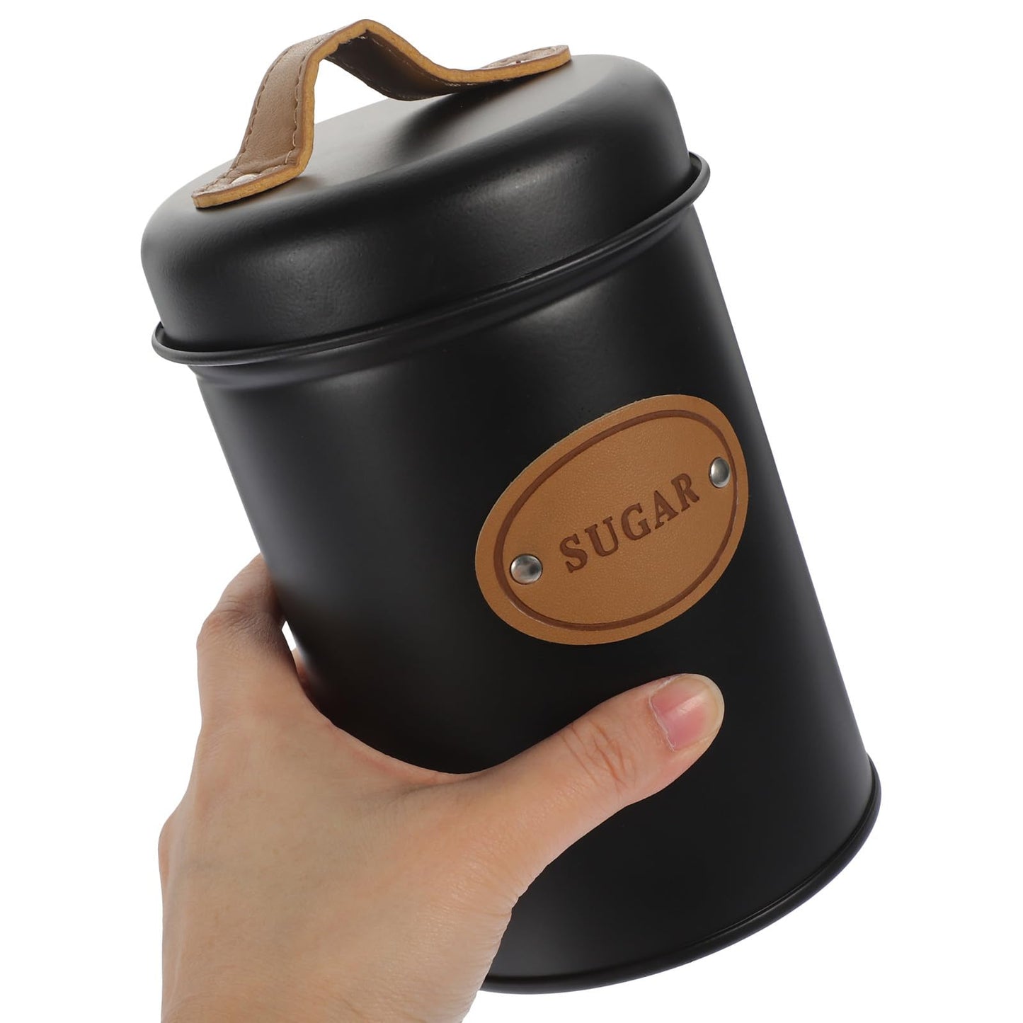 FRCOLOR Metal Sugar Storage Jar with Lid, Handheld Candy and Tea Canister, Nordic Style Airtight Food Container for Kitchen and Dining –, Black