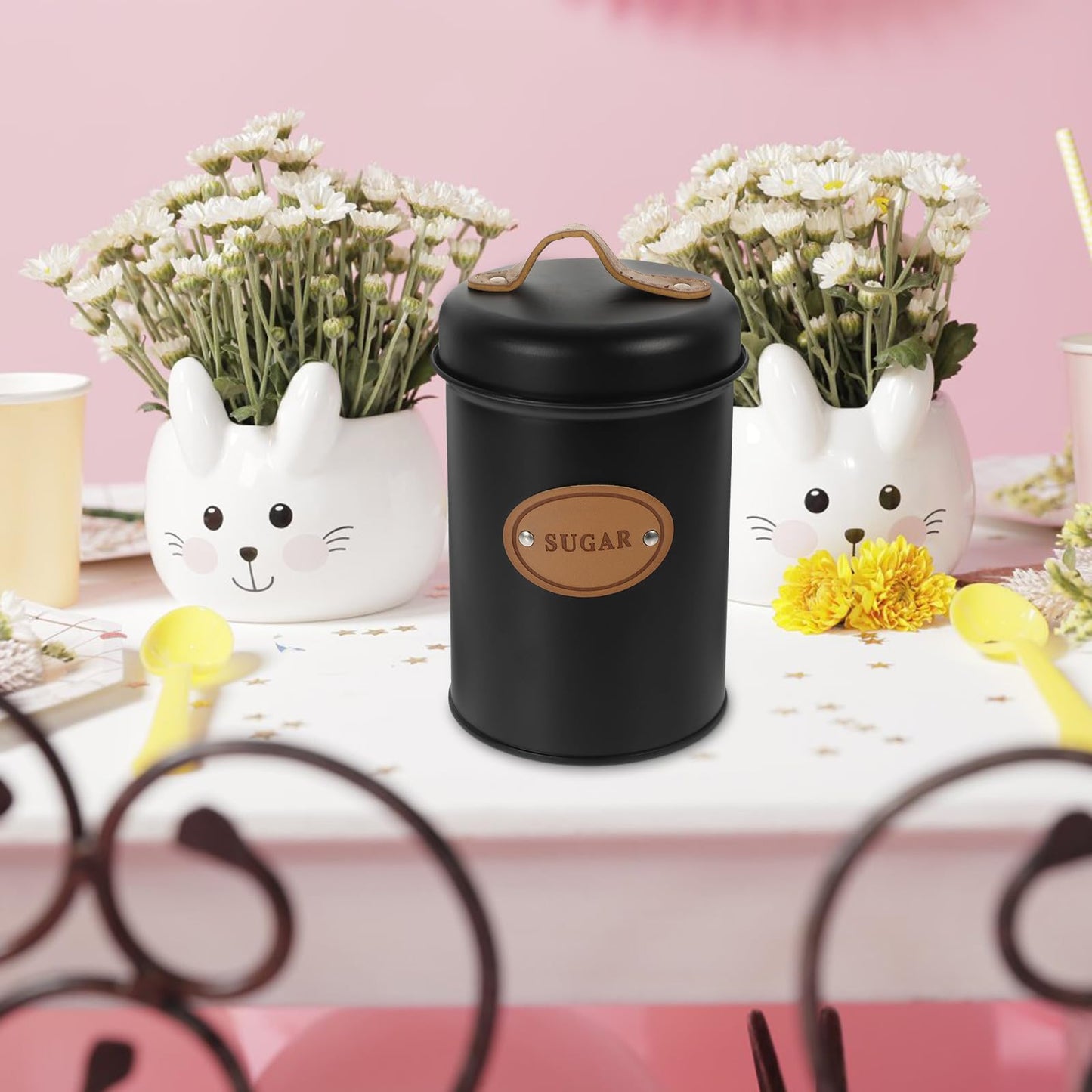 FRCOLOR Metal Sugar Storage Jar with Lid, Handheld Candy and Tea Canister, Nordic Style Airtight Food Container for Kitchen and Dining –, Black