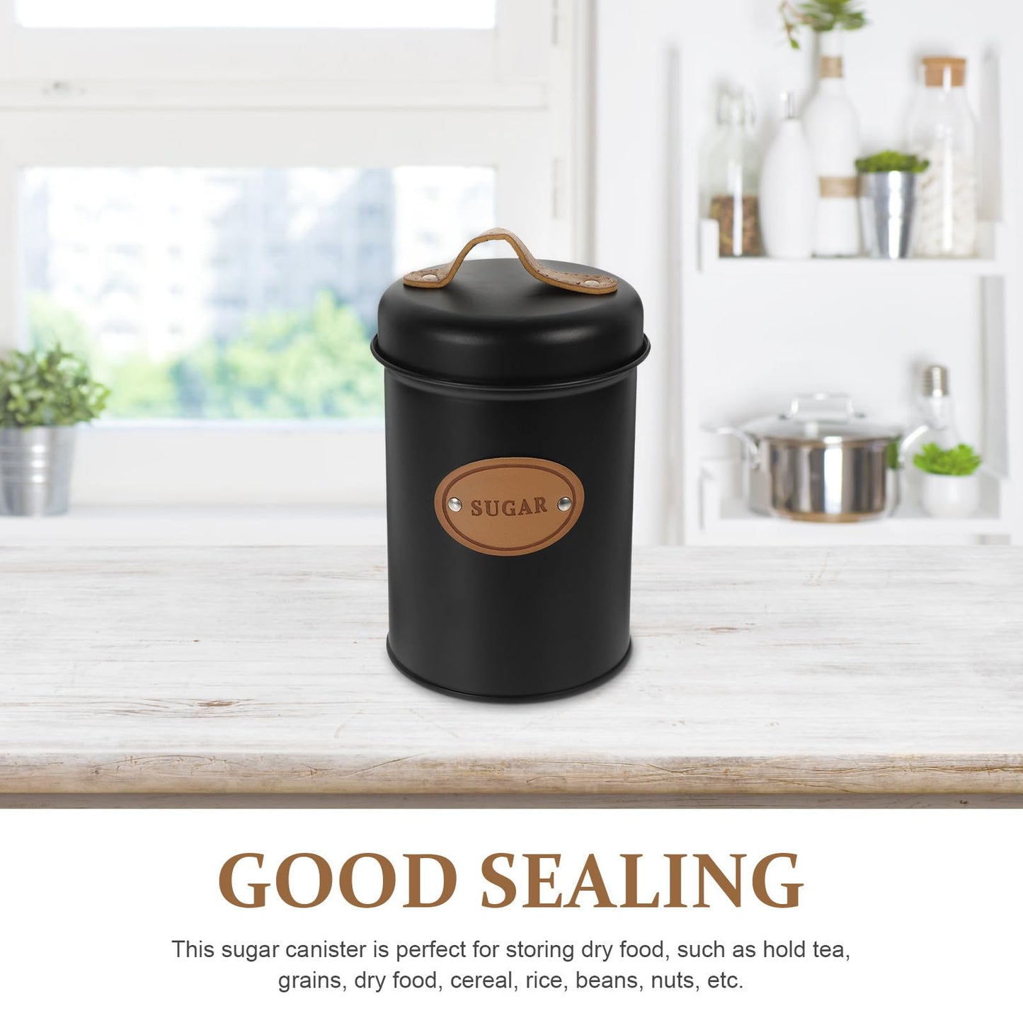 FRCOLOR Metal Sugar Storage Jar with Lid, Handheld Candy and Tea Canister, Nordic Style Airtight Food Container for Kitchen and Dining –, Black